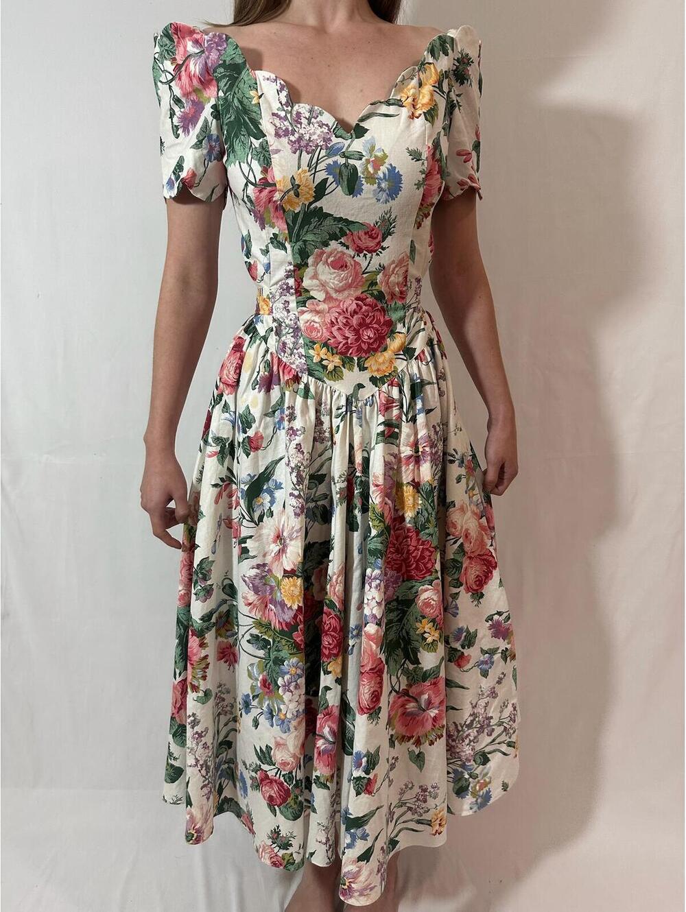 Vintage 80s Floral Cotton Picnic Prairie Retro Dress